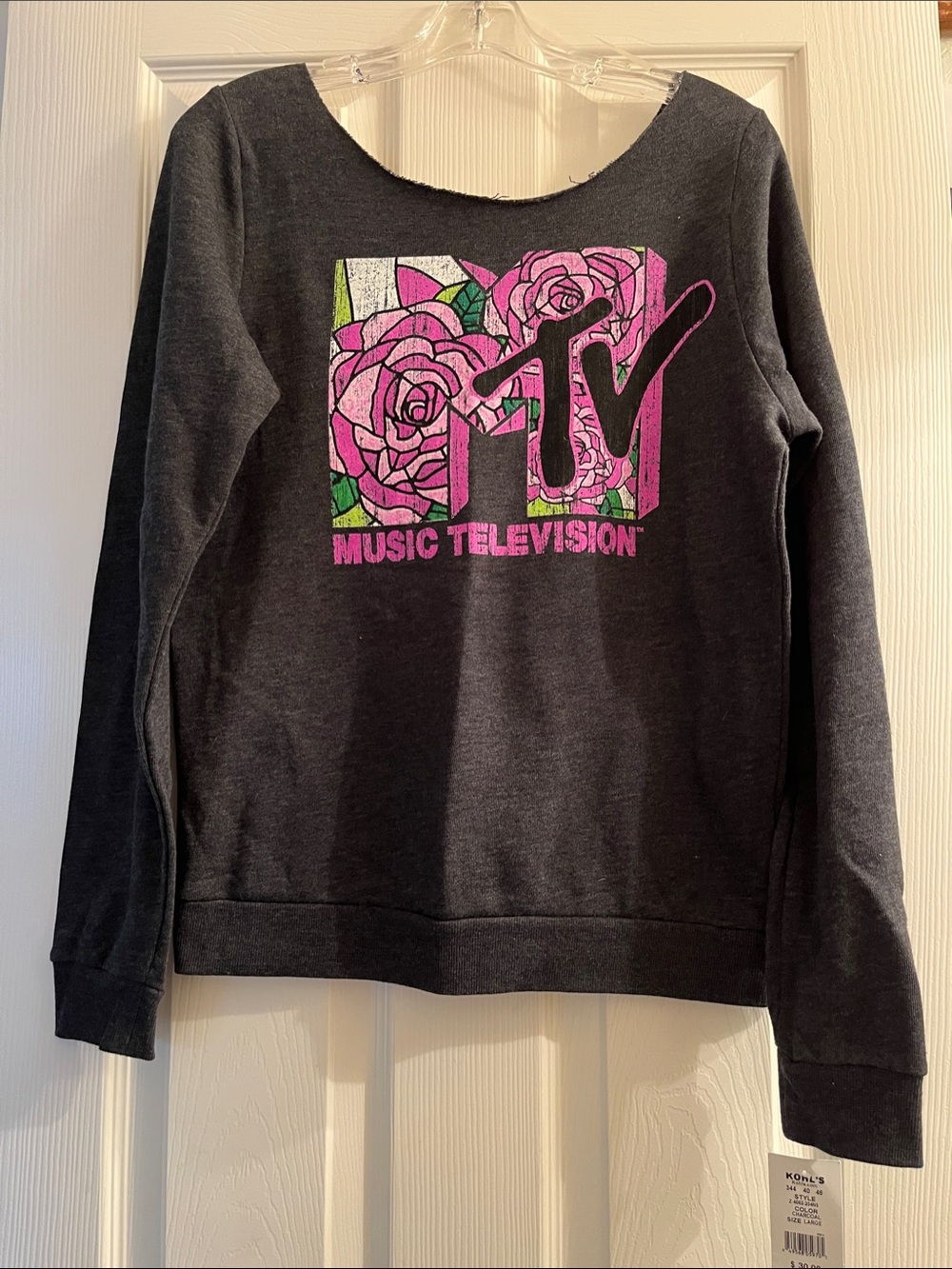 Recycled Karma - MTV Logo Graphic Sweatshirt with Pink Roses…Size Large
